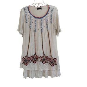 Sacred Threads Womens XL Ivory Boho Embroidered Crinkle Rayon Tunic Dress Floral